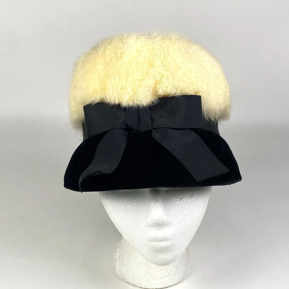 Vintage Genuine Rabbit Fur Black Velvet Cloche Hat Black Ribbon Accent